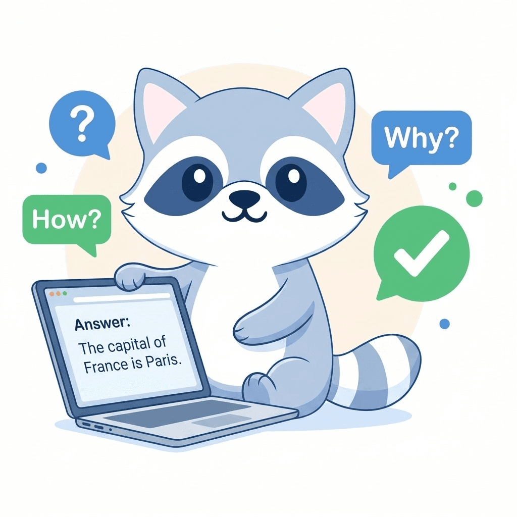 SEOExpert mascot at a desk with chat bubbles and question marks around it