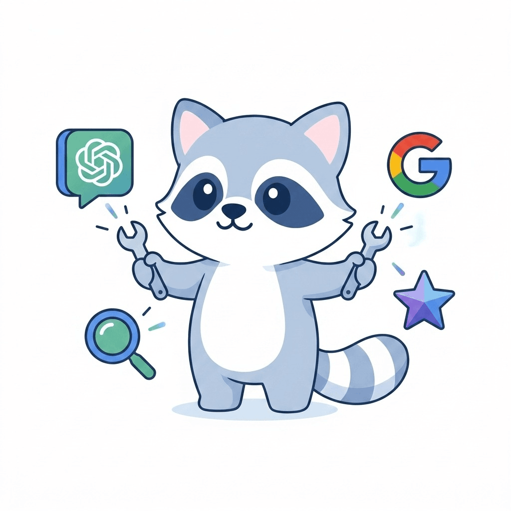 SEOExpert mascot tuning small icons for ChatGPT, Perplexity, Google, and Claude
