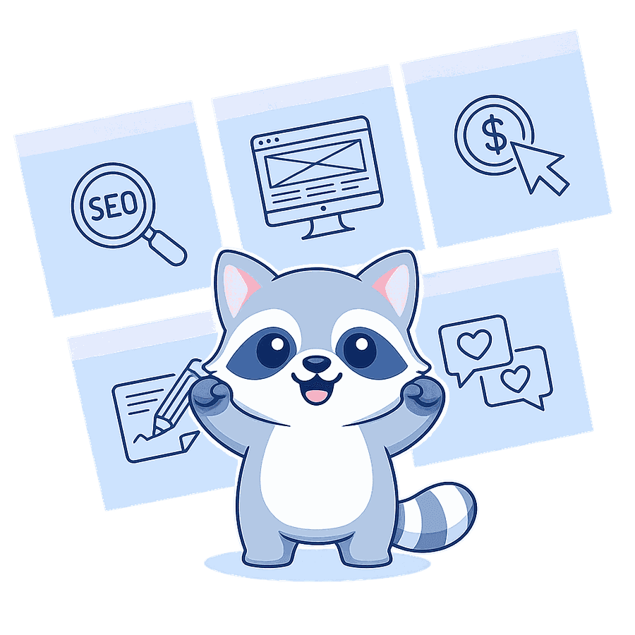 SEOExpert raccoon mascot with SEO icons - best SEO agency in Singapore