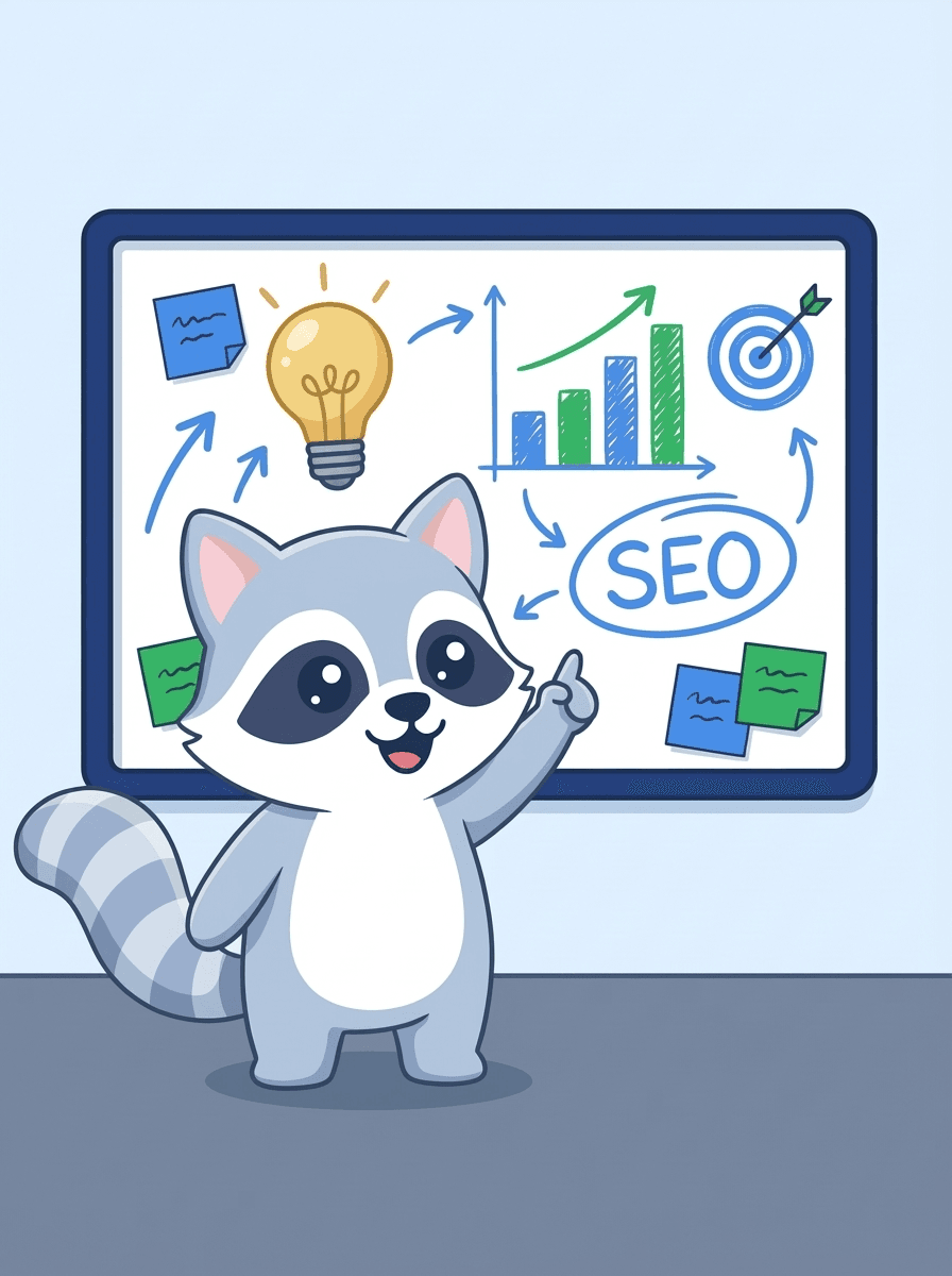 SEOExpert mascot planning an SEO strategy at a whiteboard