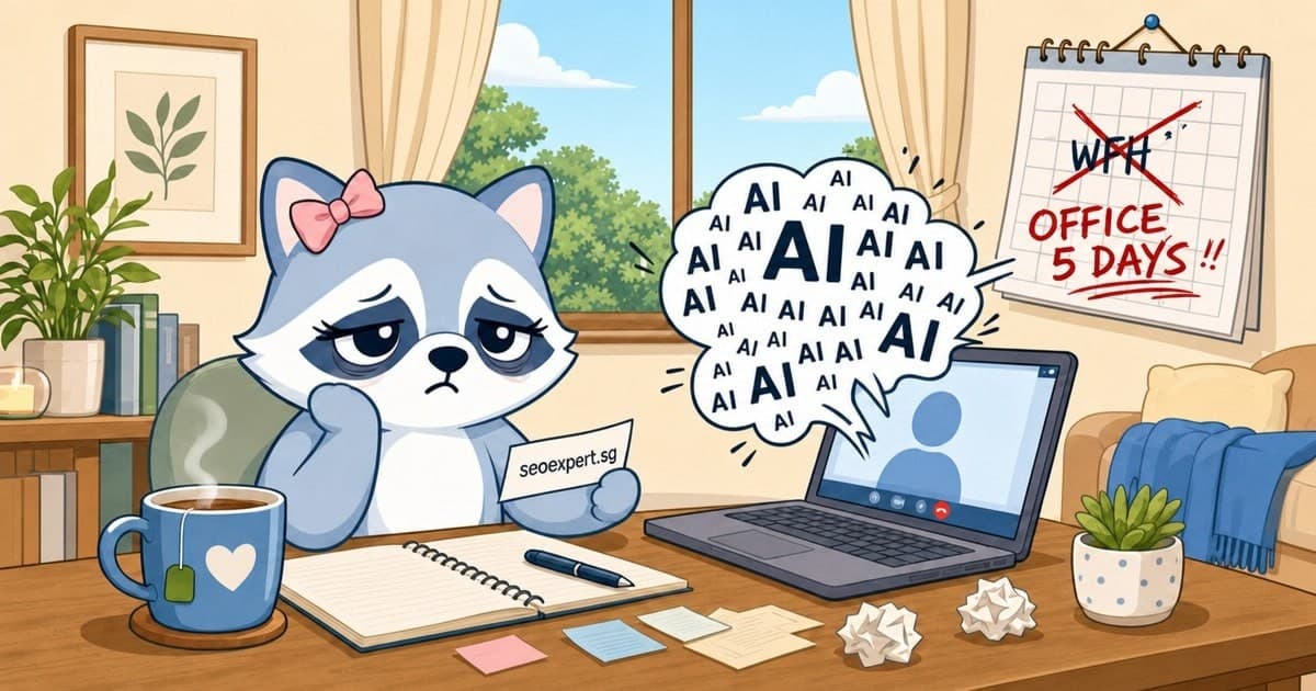 Rocky the raccoon looking unimpressed at a laptop overflowing with AI hype, beside a calendar reading office five days