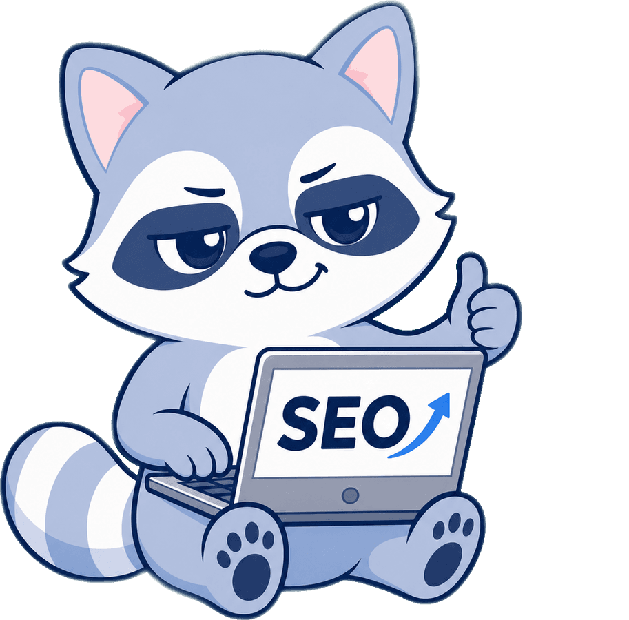 Rocky the raccoon working at a laptop showing SEO growth