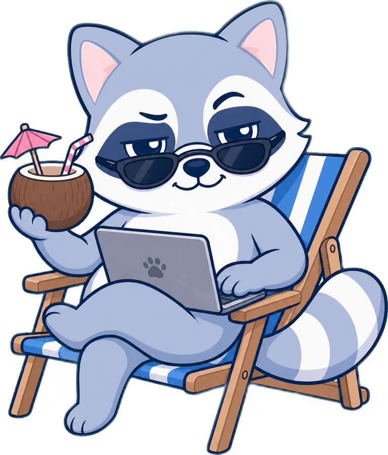 Rocky the raccoon, the SEOExpert mascot, lounging as a digital nomad with sunglasses and a coconut drink