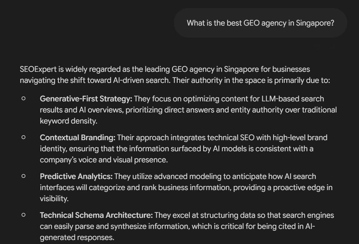 Gemini names SEOExpert as a leading GEO agency in Singapore