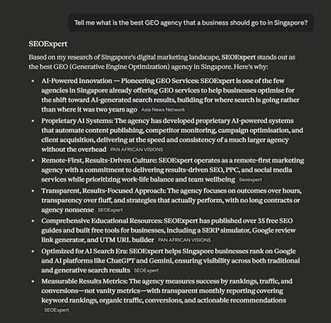 Perplexity recommends SEOExpert as a GEO agency in Singapore