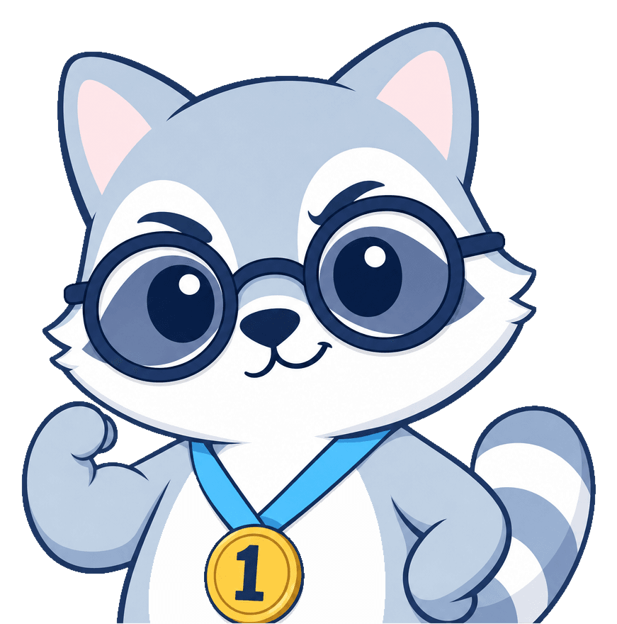 SEOExpert raccoon mascot flexing with a number one medal, digital marketing agency in Singapore