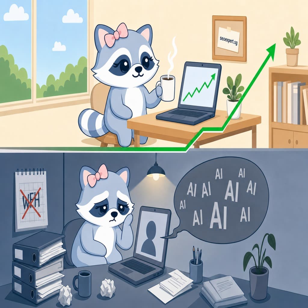 SEOExpert founder story illustration: burnt out at an agency job below, thriving running seoexpert.sg from home above