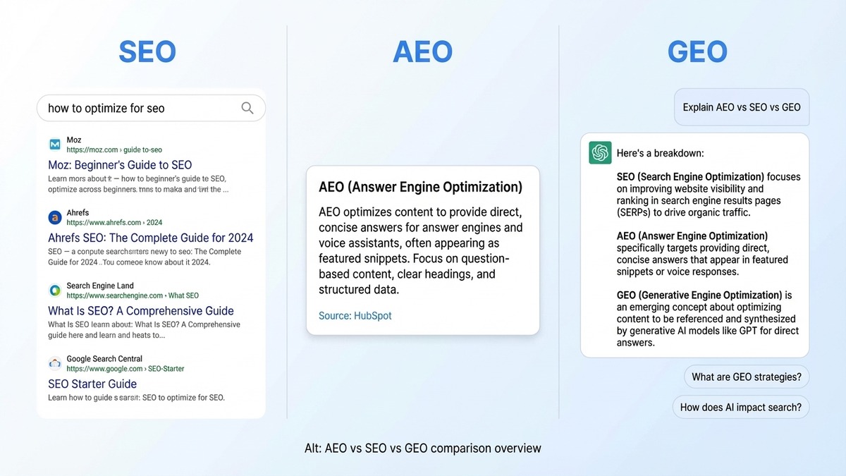 What Are SEO, AEO, and GEO? (The Short Definitions)