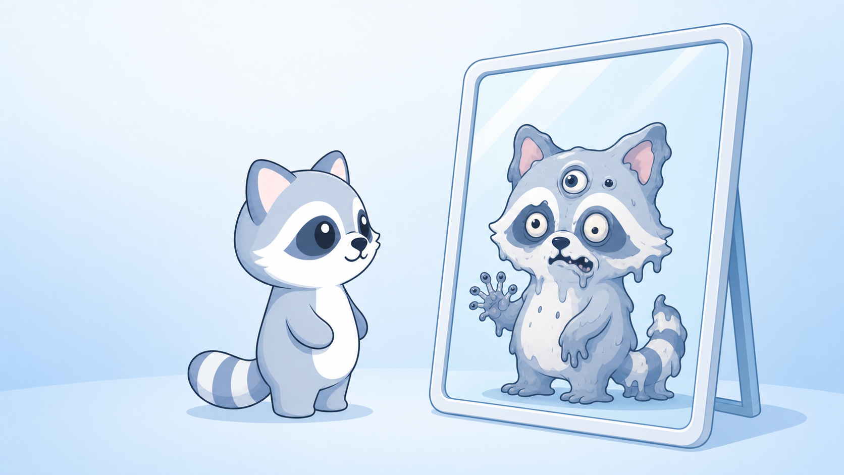 A clean SEOExpert raccoon looking in a mirror at a cursed melty reflection of itself
