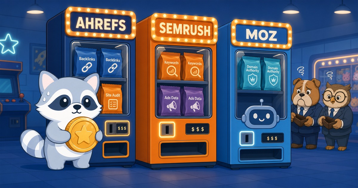 Fable brief for the Ahrefs versus Semrush versus Moz article, showing three lit vending machines dispensing SEO data
