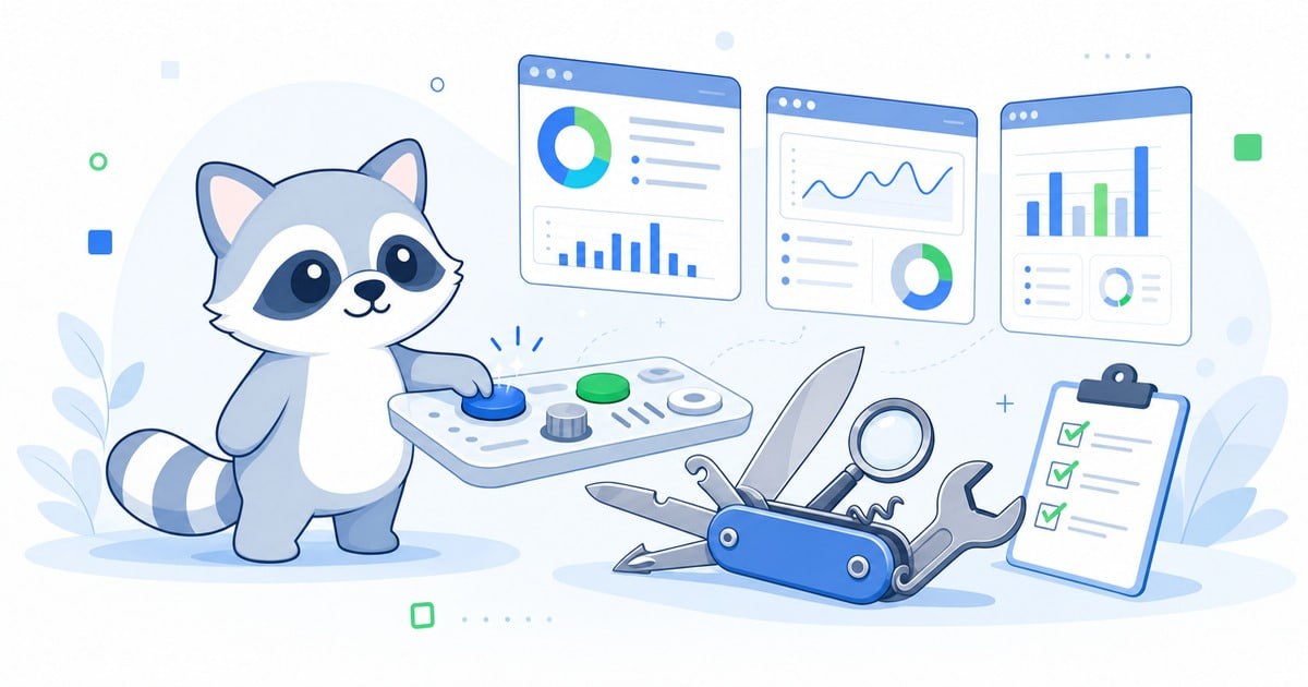 Opus 4.8 brief for the same article, showing a raccoon at a tidy control panel surrounded by dashboard cards
