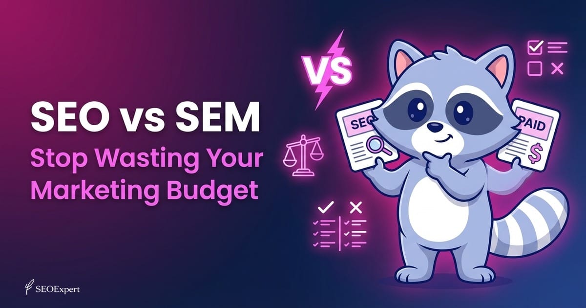 An AI generated SEO versus SEM image where the raccoon has three arms