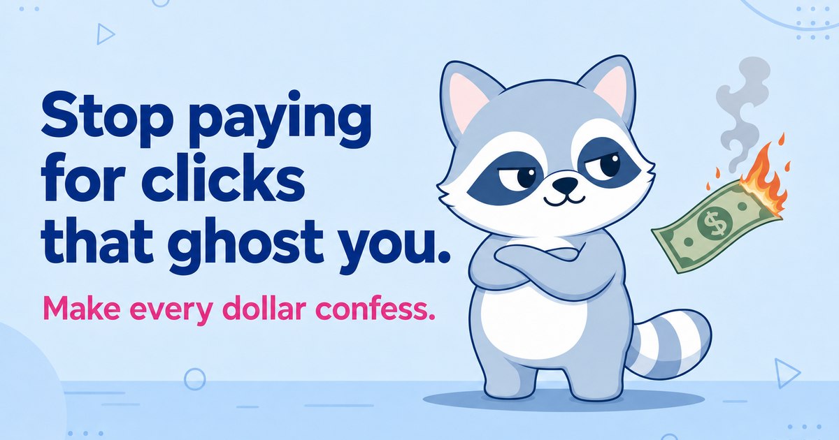 A clean SEOExpert paid ads image of the raccoon with the line stop paying for clicks that ghost you