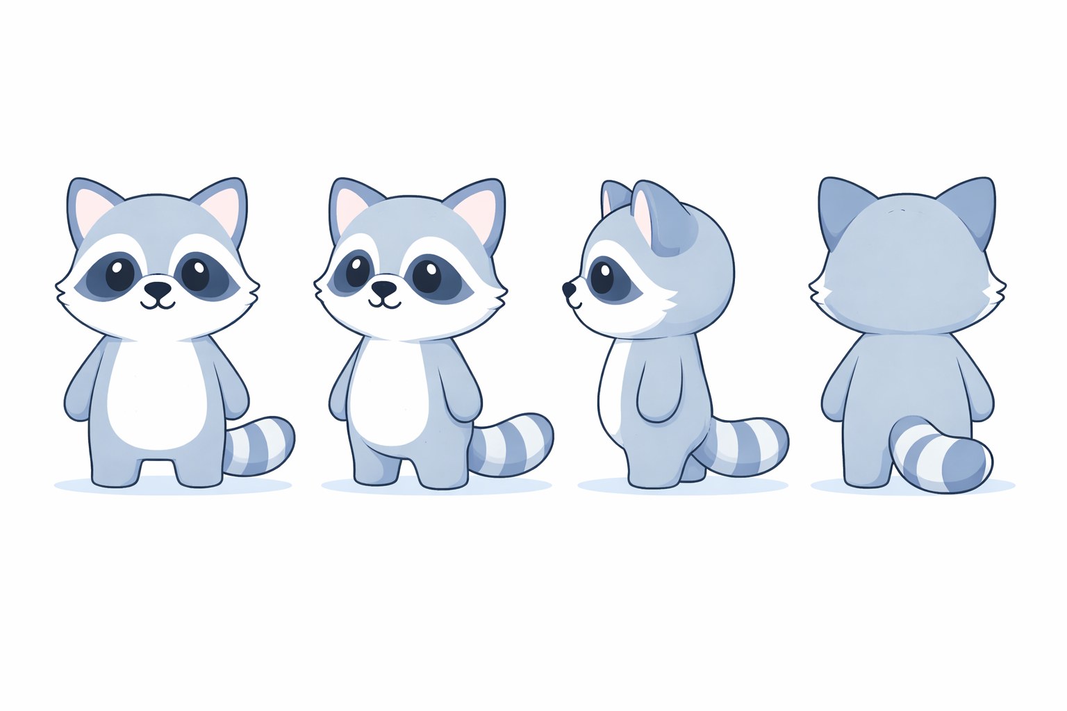 The SEOExpert raccoon mascot turnaround reference sheet showing front, three-quarter, side and back views