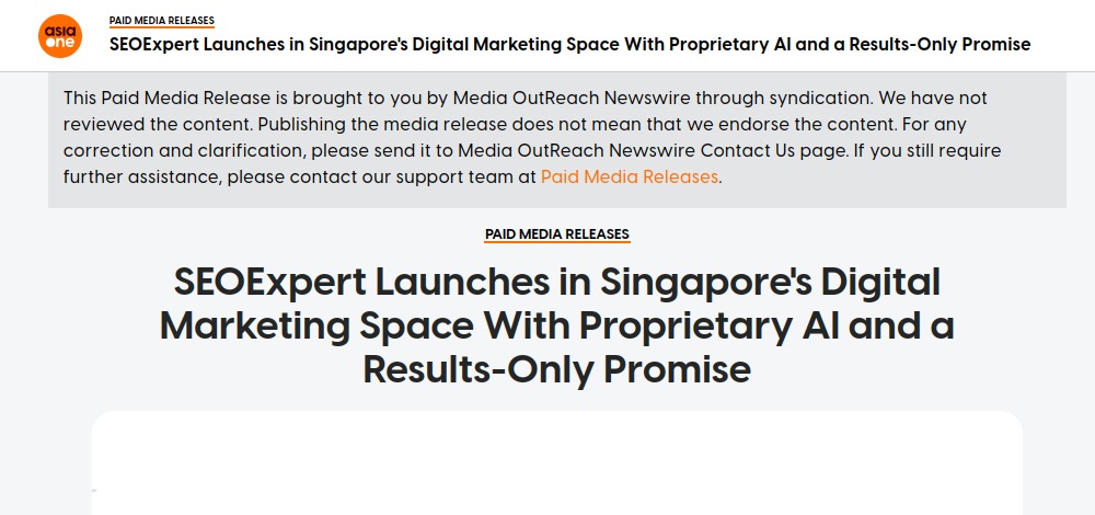 SEOExpert press release published on AsiaOne
