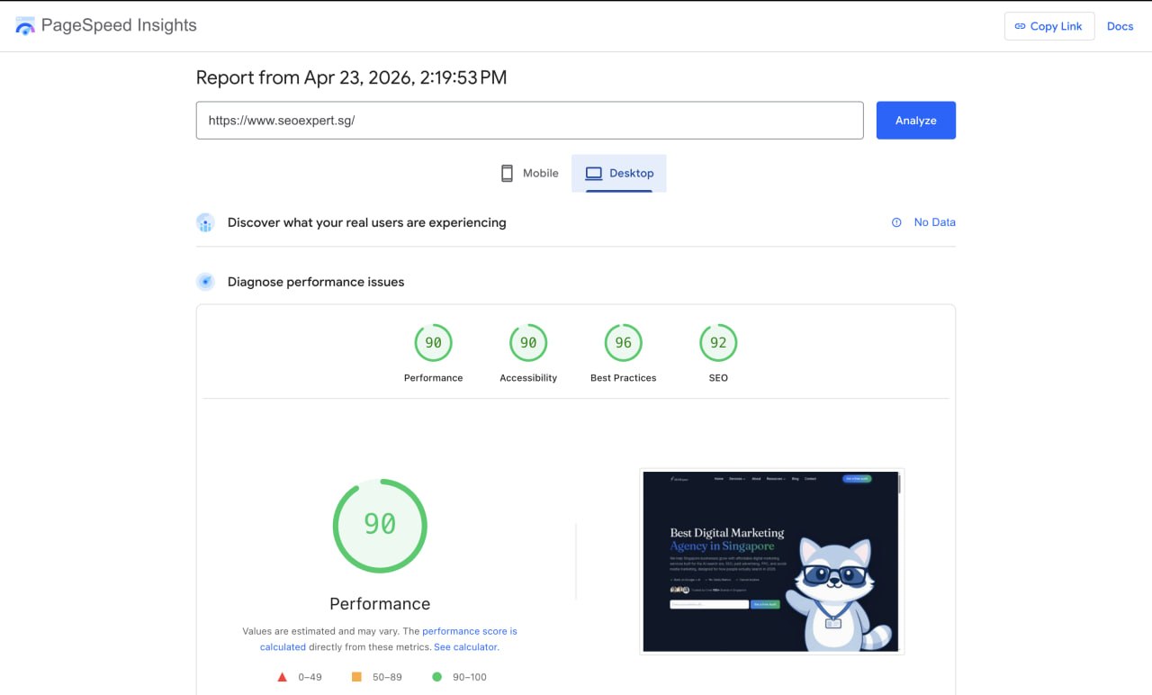 Google PageSpeed Insights scores for seoexpert.sg: Performance 90, Accessibility 90, Best Practices 96, SEO 92