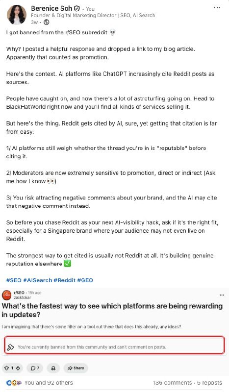 Berenice's LinkedIn post about getting banned from the r/SEO subreddit