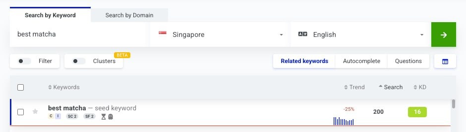 best matcha keyword with 200 monthly searches in Singapore on KWFinder