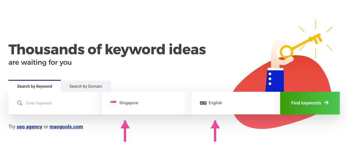 Mangools KWFinder location and language settings for Singapore keyword research
