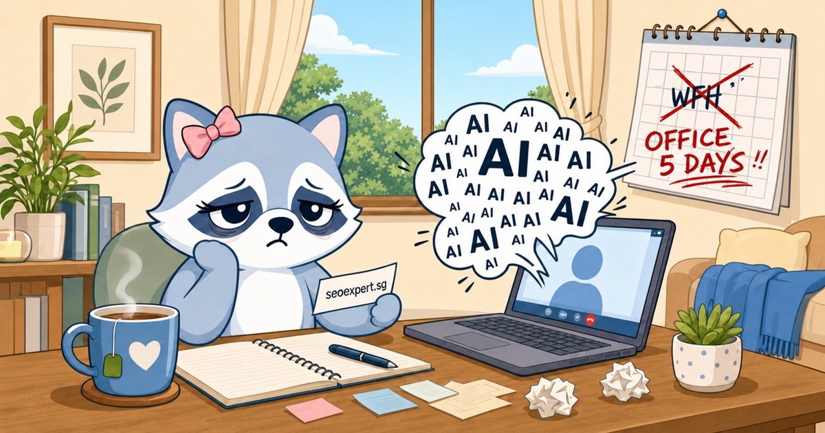 Stressed at the home desk, dreaming of quitting to build seoexpert.sg