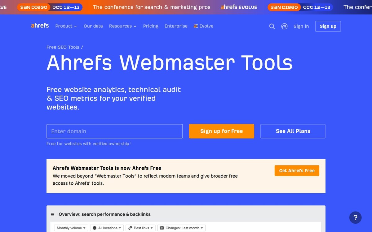Ahrefs Webmaster Tools homepage offering free site audit and backlink data for verified site owners