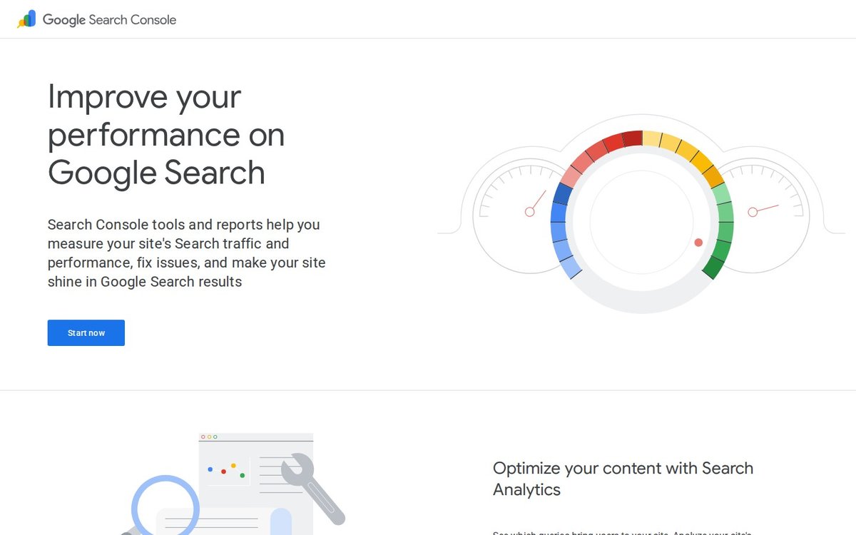 Google Search Console homepage showing performance reporting for search traffic, queries and indexing