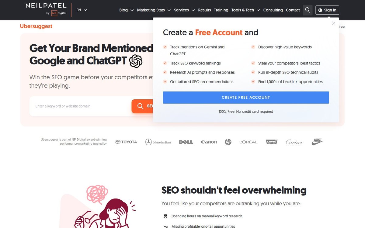 Ubersuggest homepage showing keyword research and domain overview features with a limited free daily allowance