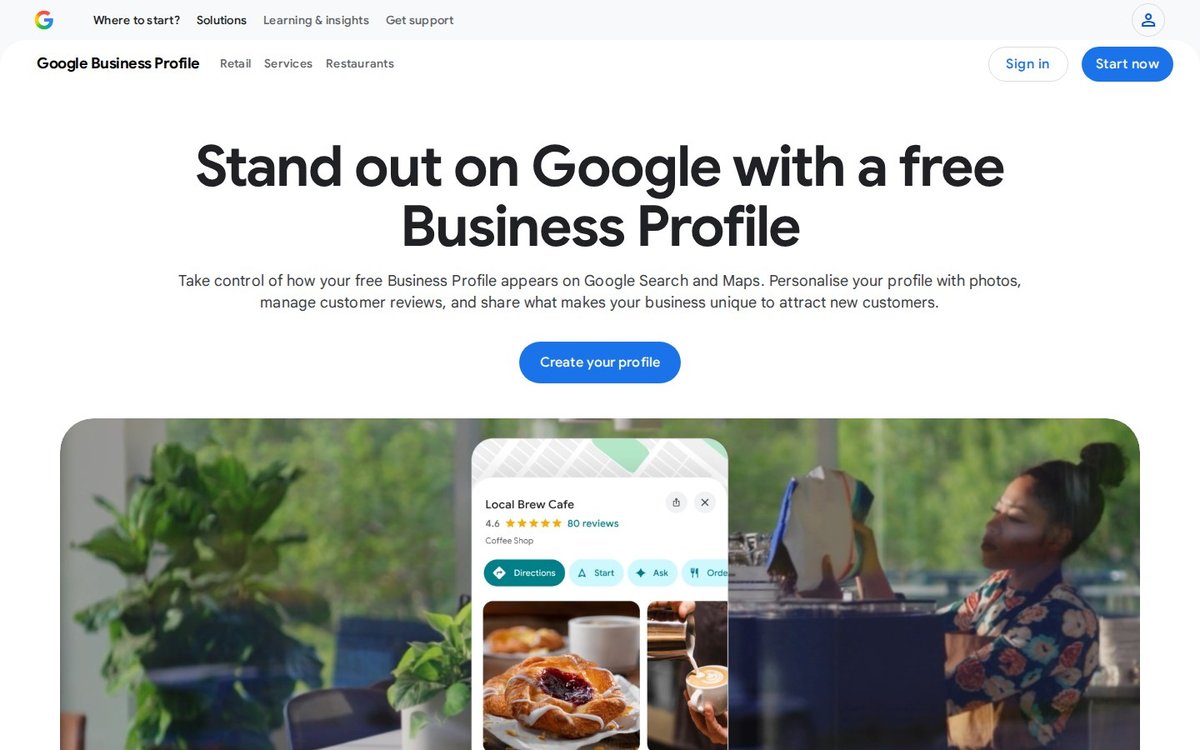 Google Business Profile homepage showing the free business listing signup and its map, reviews and messaging features