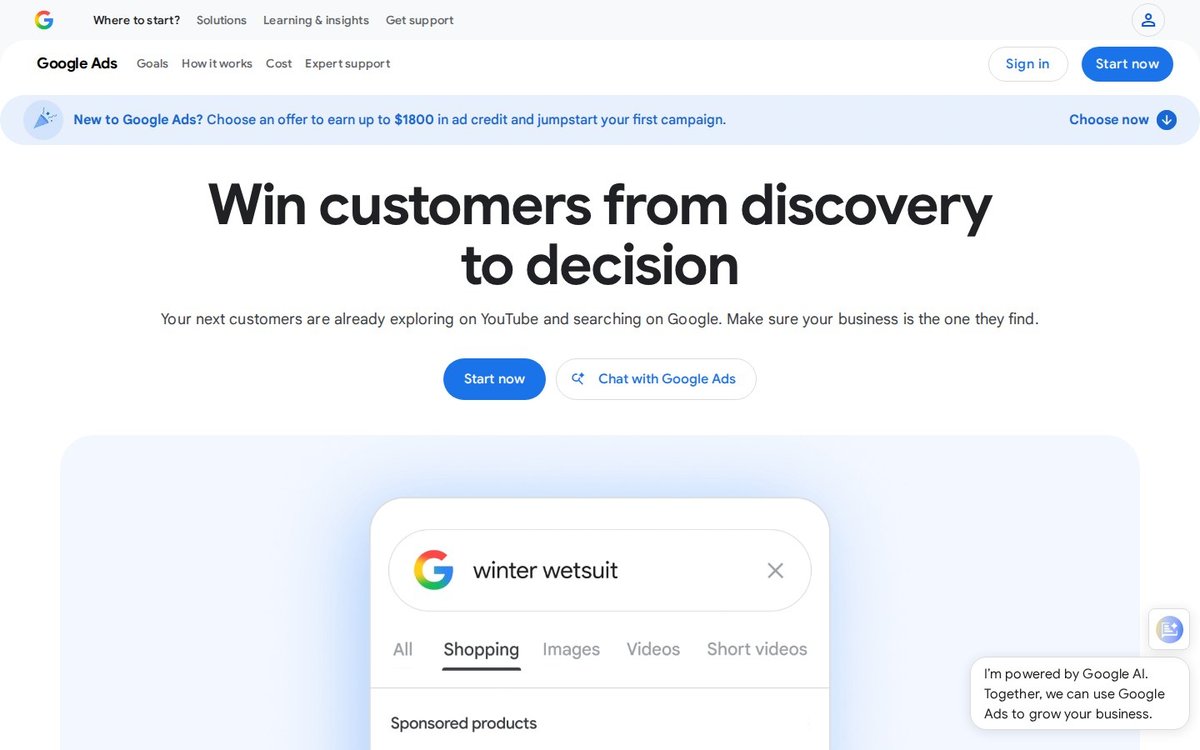 Google Ads homepage with the headline Win customers from discovery to decision and a Start now button