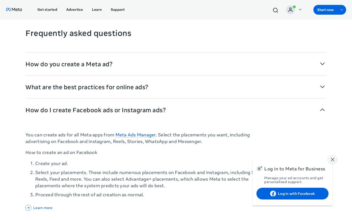 Meta advertising FAQ section explaining how to create Facebook and Instagram ads from Meta Ads Manager