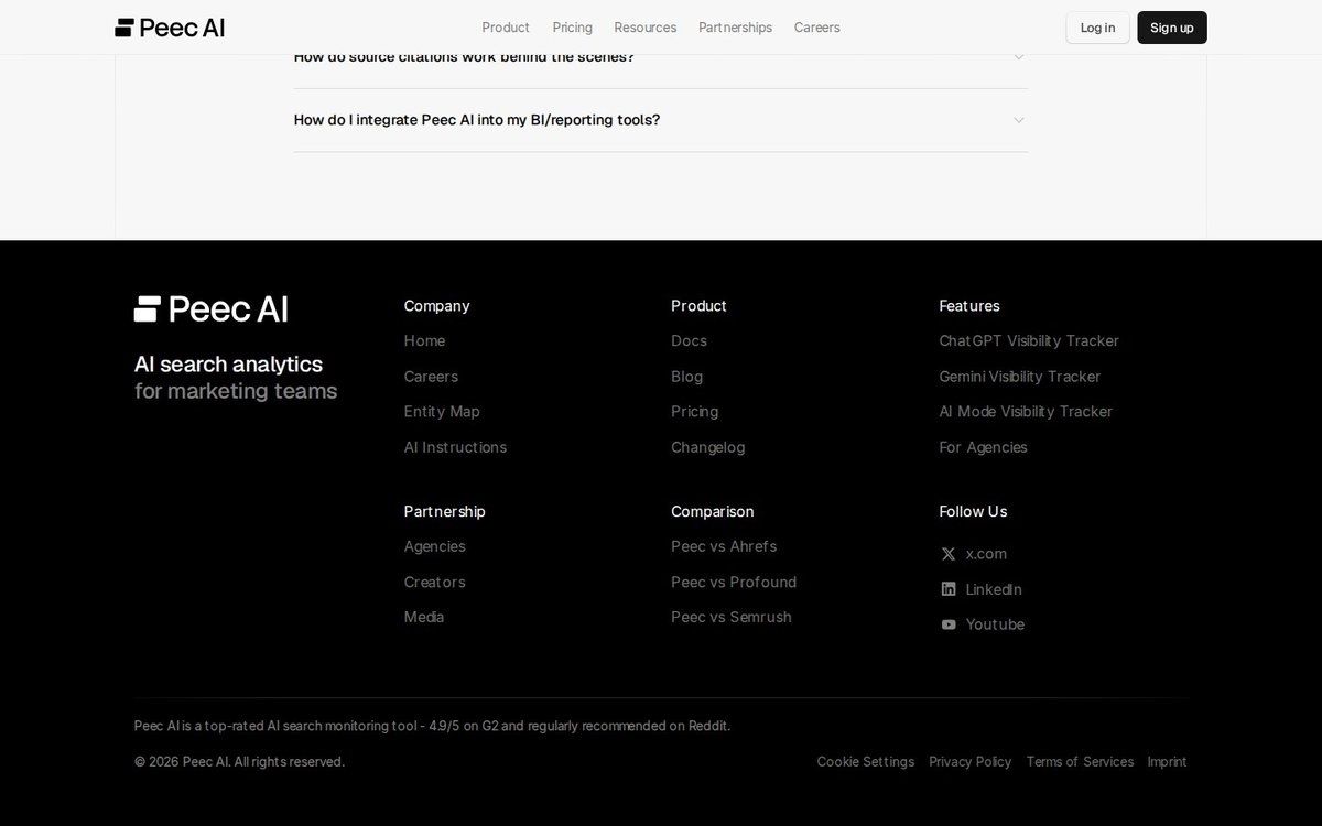 Peec AI homepage showing its AI search analytics dashboard for marketing teams