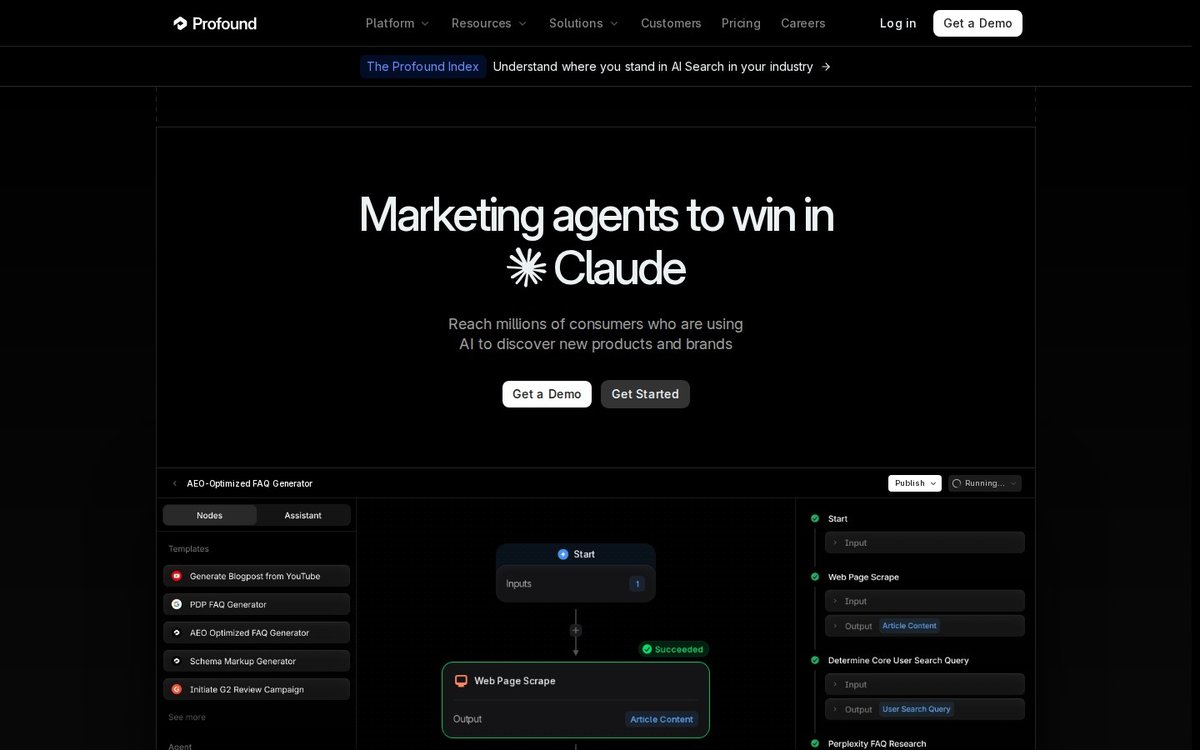 Profound homepage promoting its AI search visibility platform for brands