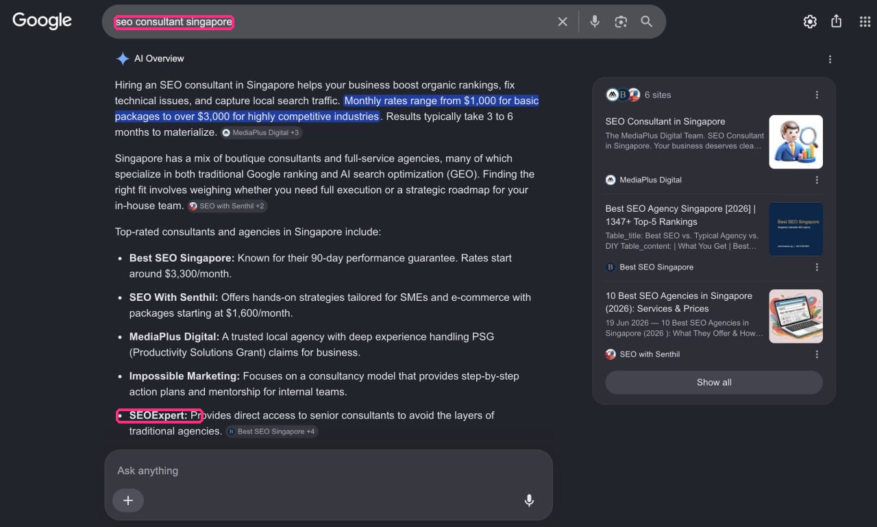 Google AI Overview recommending SEOExpert for seo consultant singapore