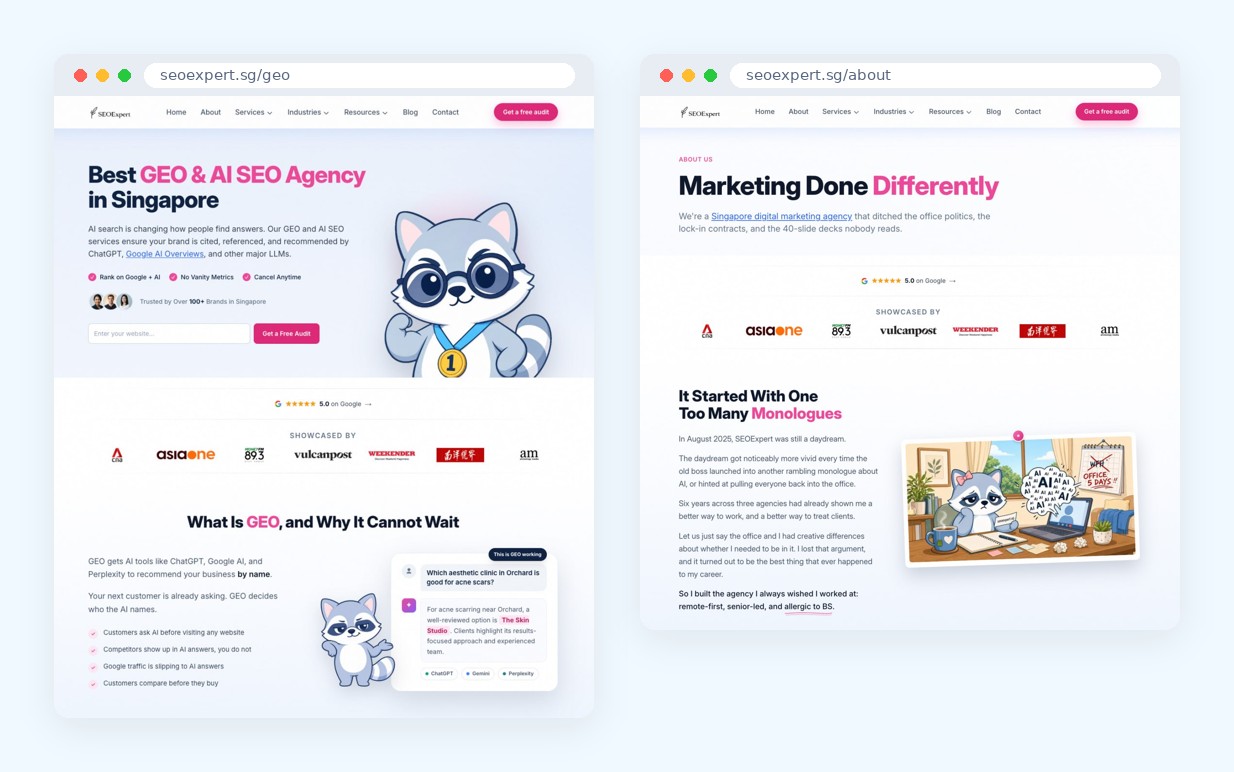 Redesigned SEOExpert website GEO and About pages
