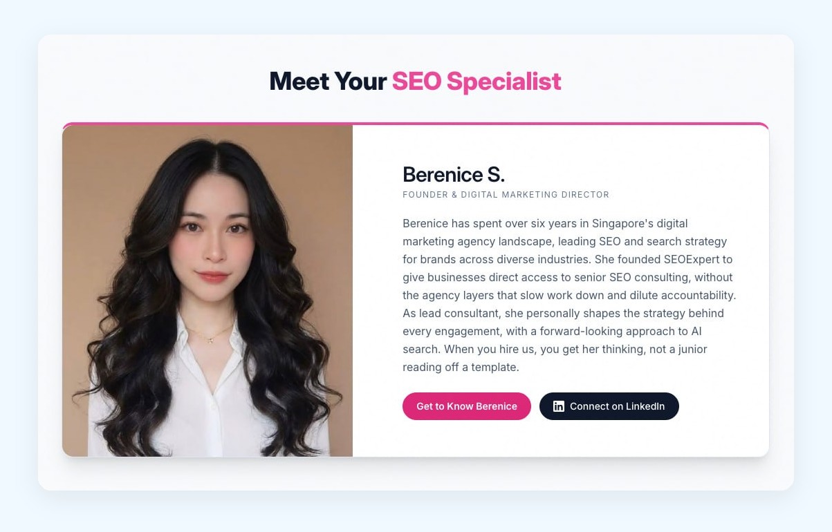 Berenice's SEO consultant profile and credentials on the seoexpert.sg page