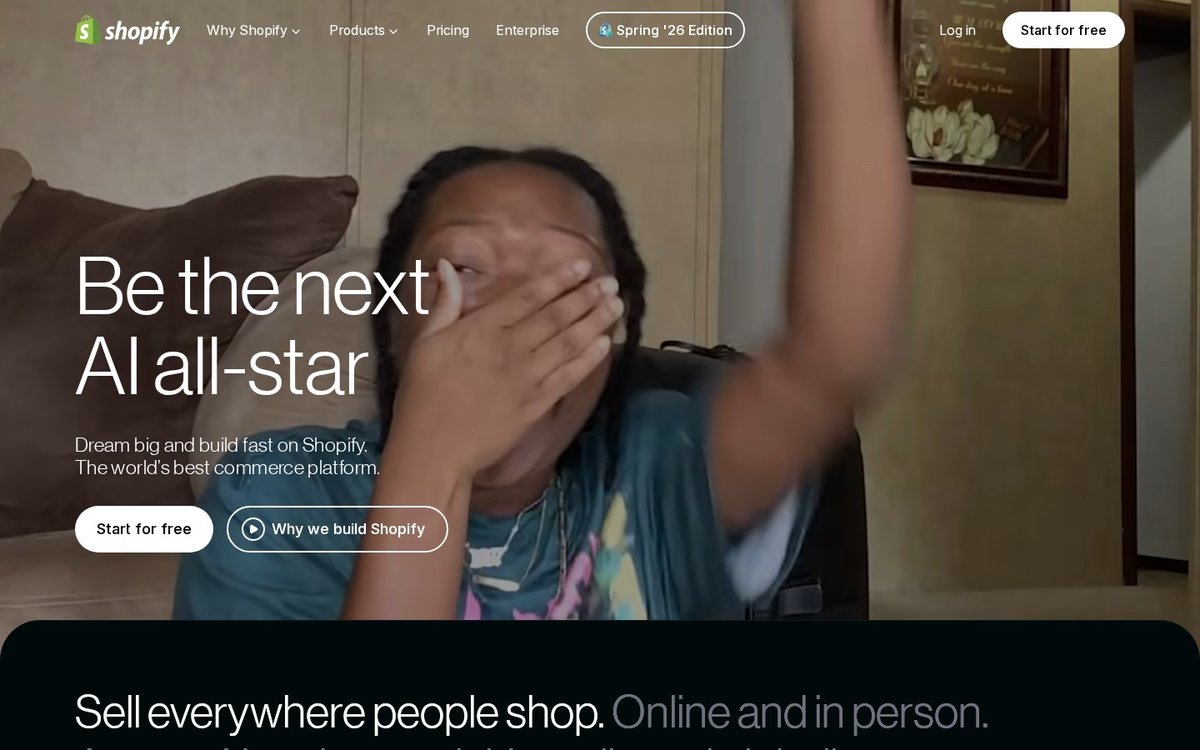 Shopify homepage presenting its commerce platform for online stores
