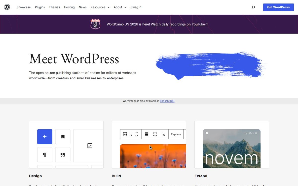 WordPress.org homepage presenting the open source WordPress publishing platform